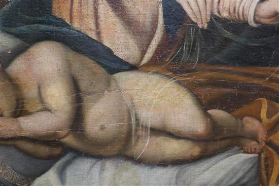 19th century Cusco School, oil on canvas laid on board, Holy family, 120 x 96cm